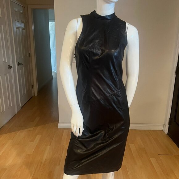 90'S VINTAGE LEATHER CUTOUT STRAPPY BACK SIDE DRESS SIZE S SMALL - Picture 1 of 9